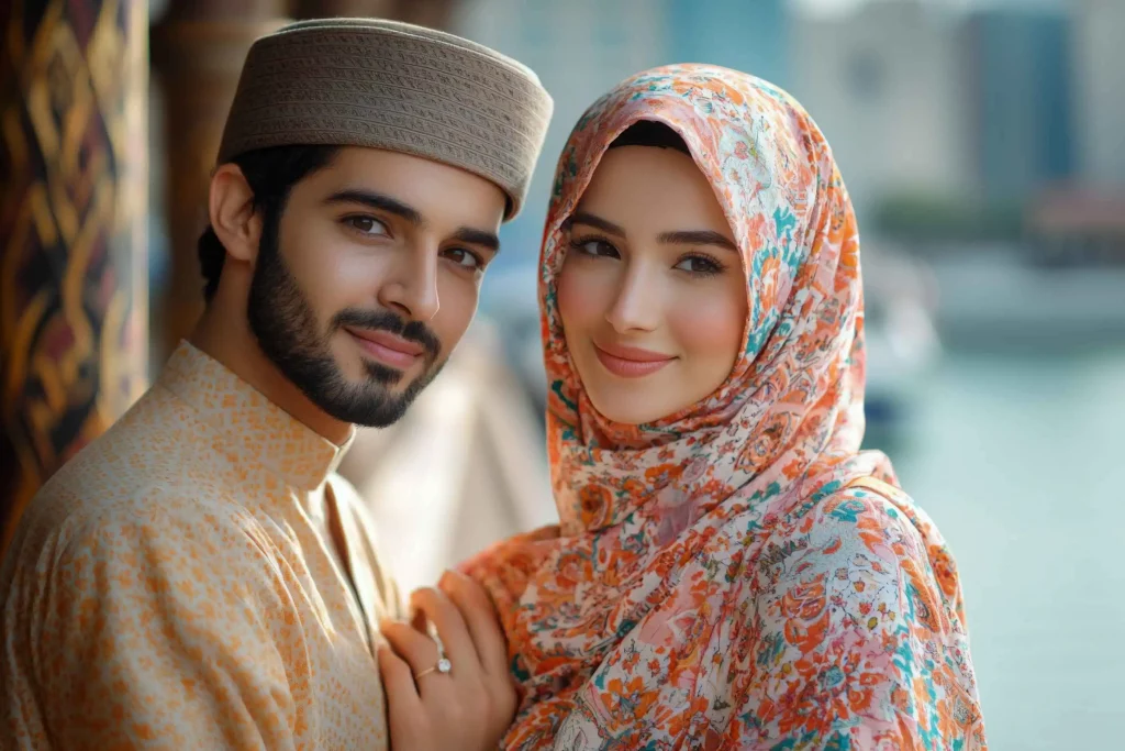 Happy Muslim couple after doing medical test for sharia marriage