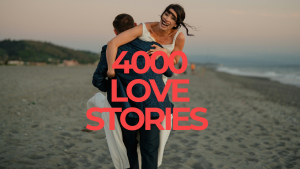 Couple on beach celebrating love stories.