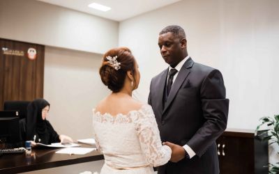 Couple holding hands after their Express UAE marriage